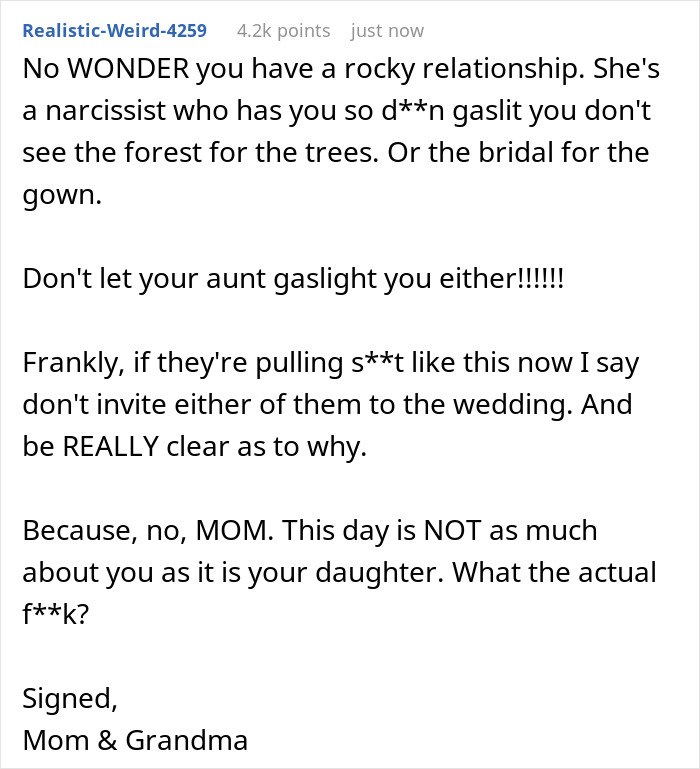 Bride&#8217;s Mom Threatens To Skip The Wedding If Bride Refuses To Let Her Wear White Gown To The Event