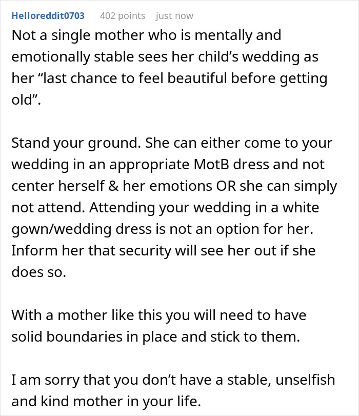 Bride&#8217;s Mom Threatens To Skip The Wedding If Bride Refuses To Let Her Wear White Gown To The Event