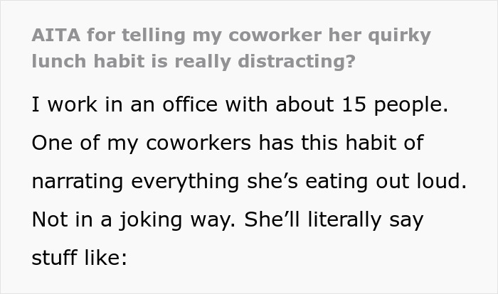Worker Confronts Woman Over Bizarre Lunchtime Ritual, Office Claims She Went Too Far With Criticism