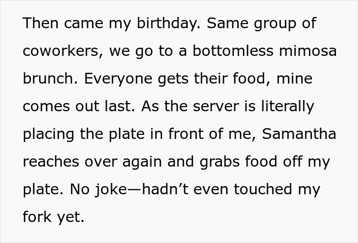 Woman Reaches Breaking Point After Coworker Grabs Food From Her Birthday Brunch Plate