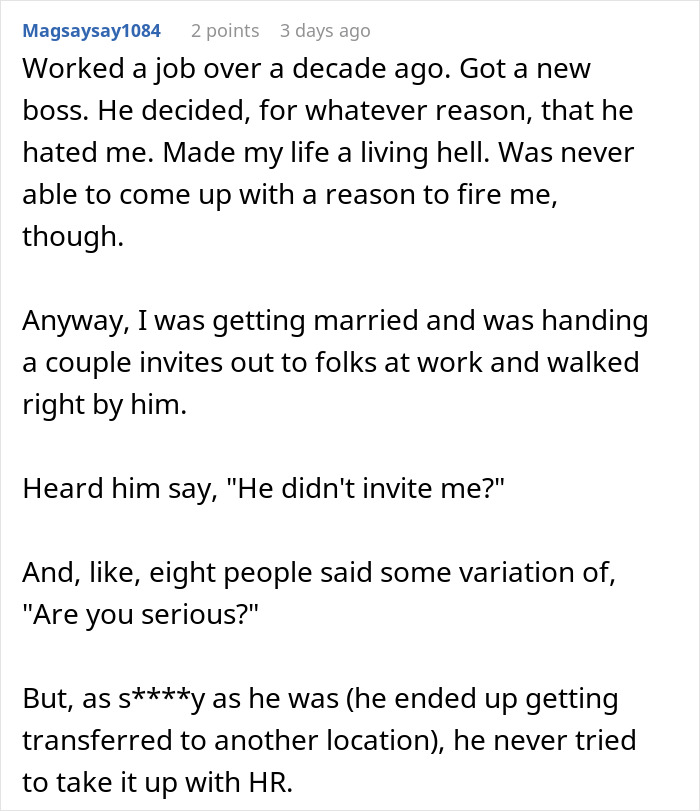 Person Flabbergasted By Coworker Who Goes To HR After Not Getting An Invitation To Their Wedding