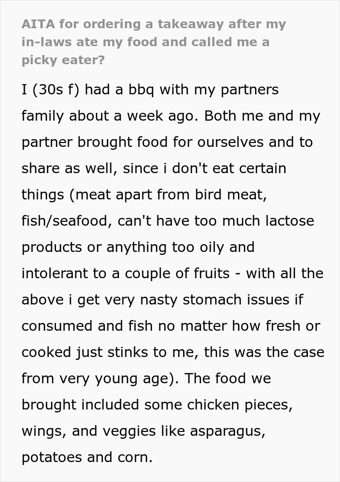 Woman With Dietary Needs Brings Food, In-Laws Eat It All, Call Her Names