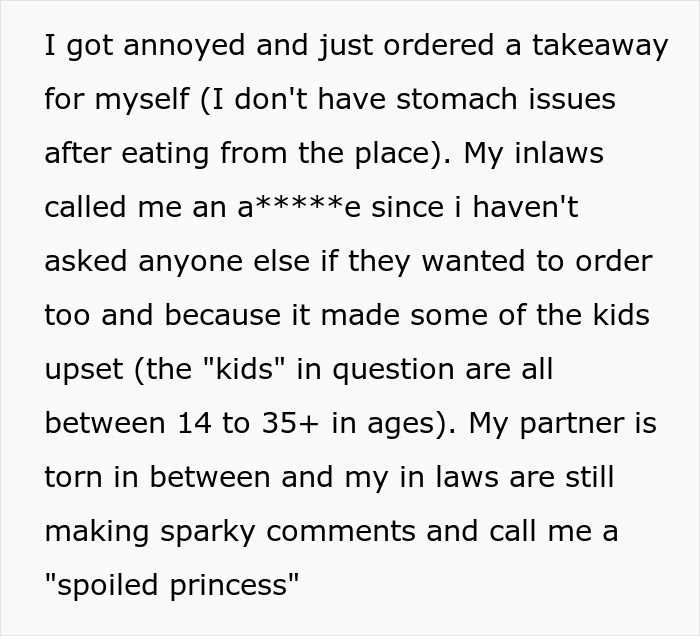 Woman With Dietary Needs Brings Food, In-Laws Eat It All, Call Her Names