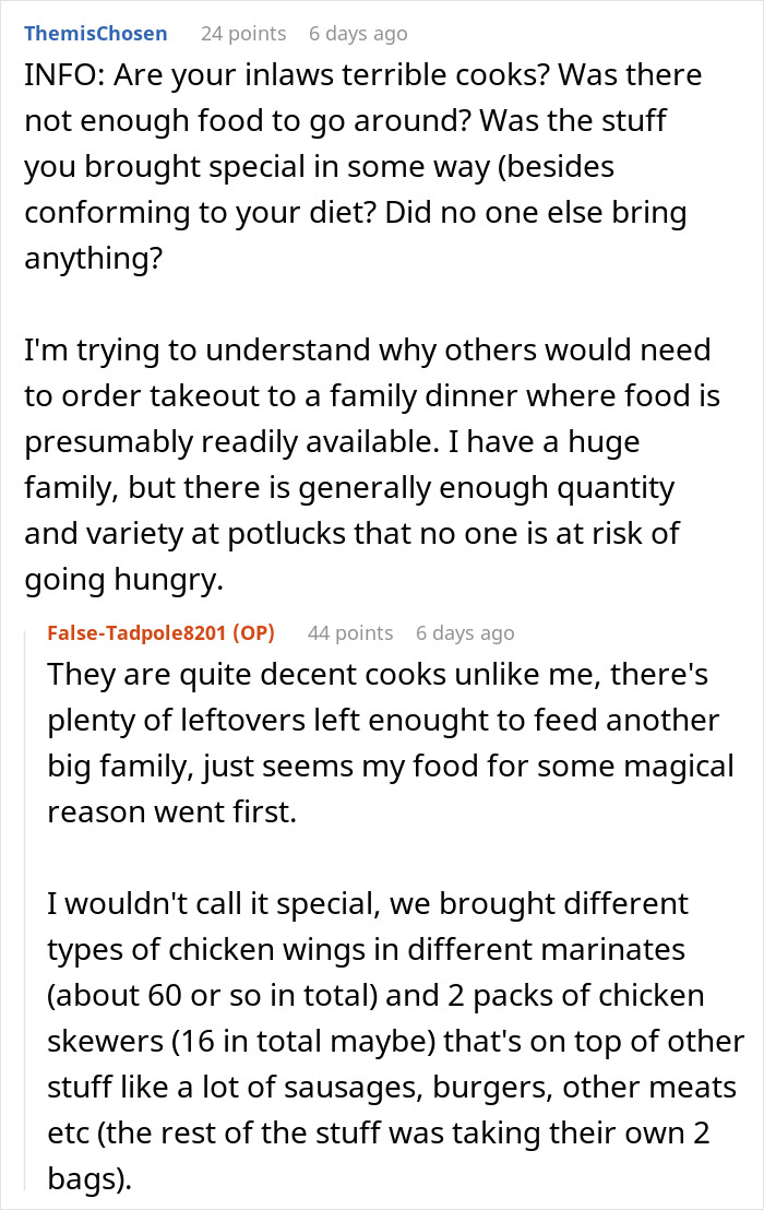Woman With Dietary Needs Brings Food, In-Laws Eat It All, Call Her Names