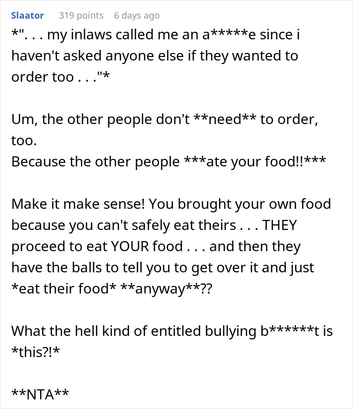 Woman With Dietary Needs Brings Food, In-Laws Eat It All, Call Her Names
