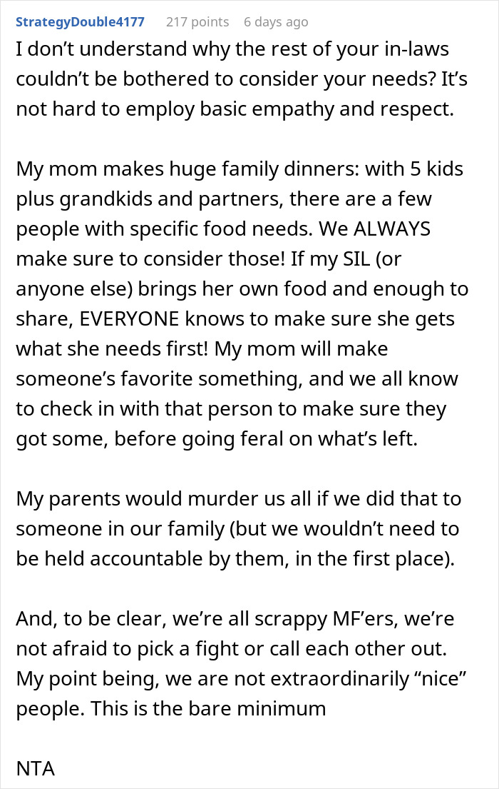 Woman With Dietary Needs Brings Food, In-Laws Eat It All, Call Her Names