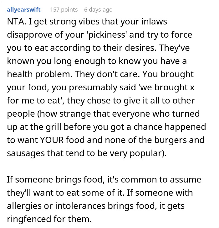 Woman With Dietary Needs Brings Food, In-Laws Eat It All, Call Her Names