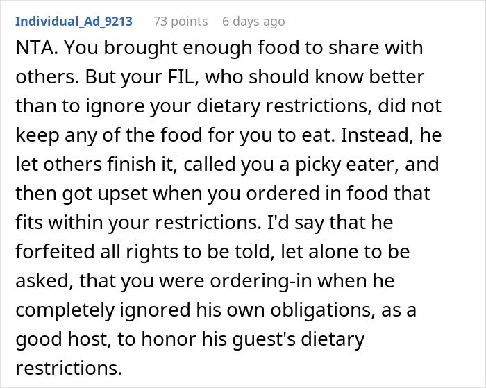 Woman With Dietary Needs Brings Food, In-Laws Eat It All, Call Her Names