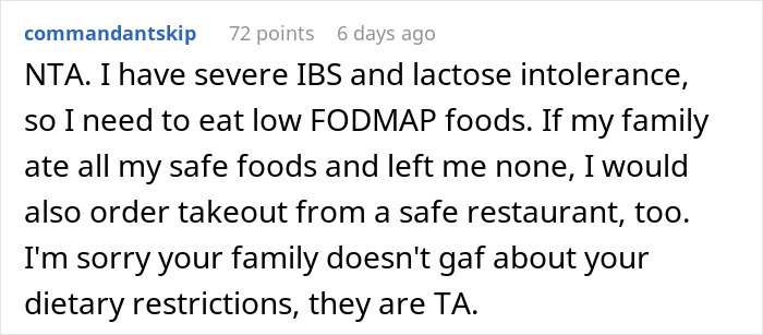 Woman With Dietary Needs Brings Food, In-Laws Eat It All, Call Her Names