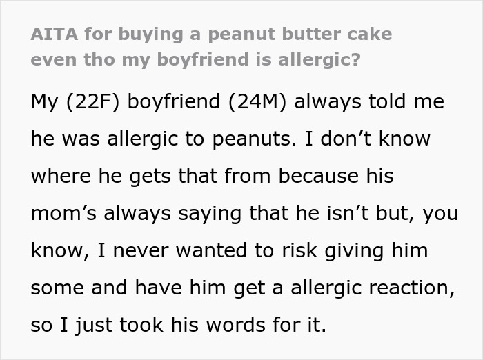 Man Upset GF Bought Herself A Peanut Butter Cake To Eat At Work Knowing He Can’t Eat It
