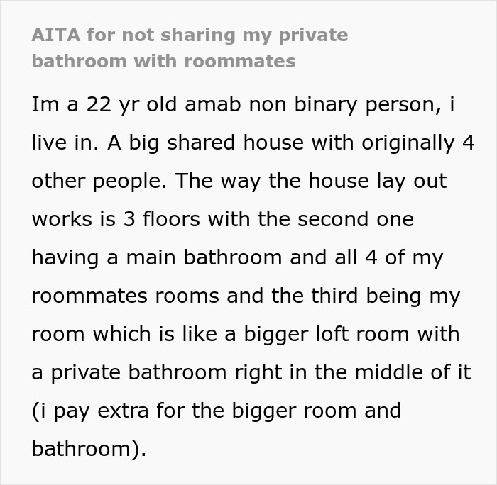 Person Agrees To Let Roommates Have Their BFs Move In, But Makes It Clear They Won’t Share Their Bathroom