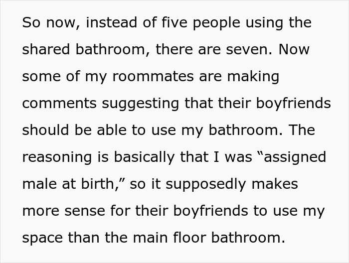 Person Agrees To Let Roommates Have Their BFs Move In, But Makes It Clear They Won’t Share Their Bathroom