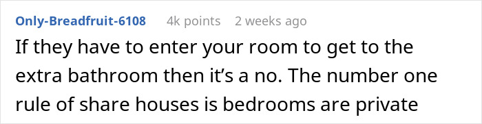 Person Agrees To Let Roommates Have Their BFs Move In, But Makes It Clear They Won’t Share Their Bathroom