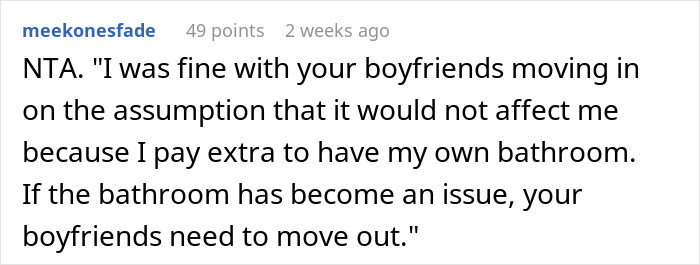 Person Agrees To Let Roommates Have Their BFs Move In, But Makes It Clear They Won’t Share Their Bathroom