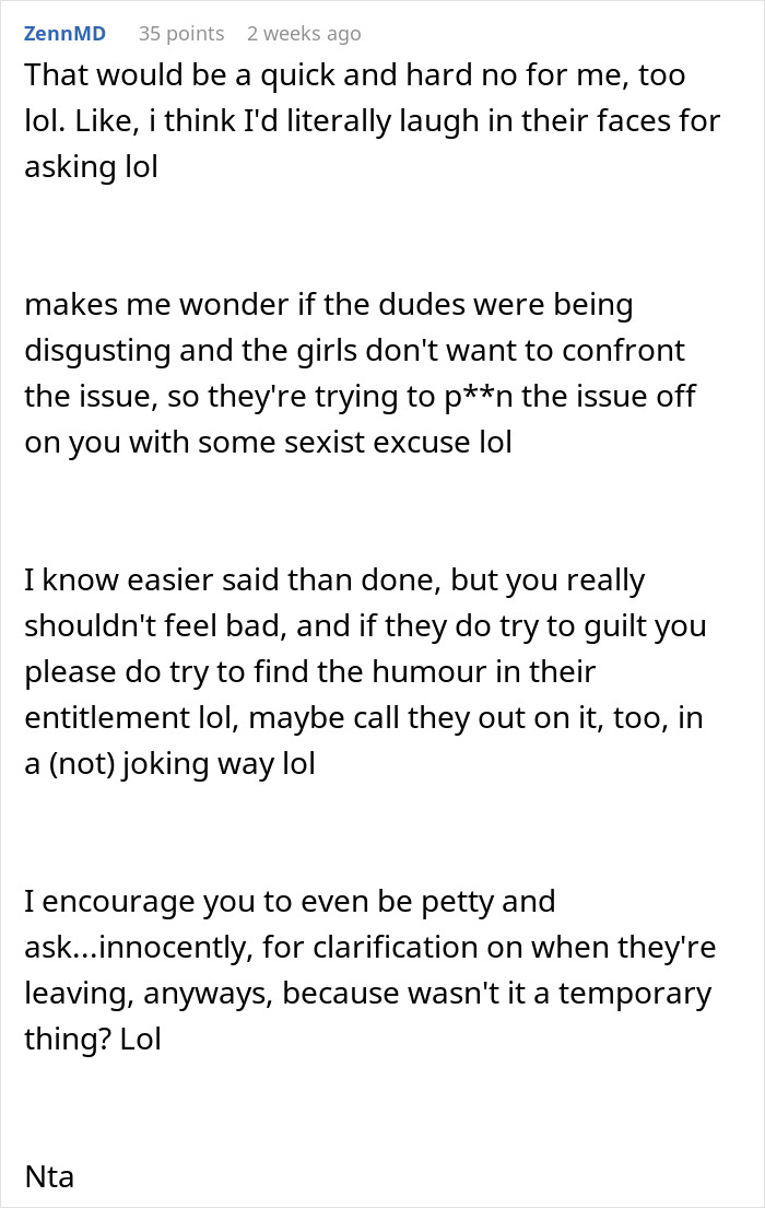 Person Agrees To Let Roommates Have Their BFs Move In, But Makes It Clear They Won’t Share Their Bathroom