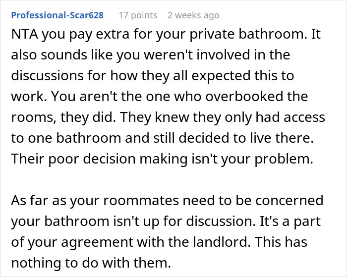 Person Agrees To Let Roommates Have Their BFs Move In, But Makes It Clear They Won’t Share Their Bathroom
