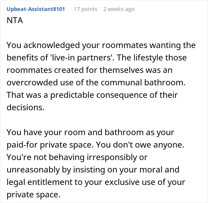 Person Agrees To Let Roommates Have Their BFs Move In, But Makes It Clear They Won’t Share Their Bathroom
