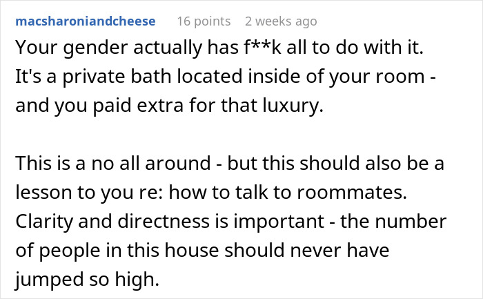 Person Agrees To Let Roommates Have Their BFs Move In, But Makes It Clear They Won’t Share Their Bathroom