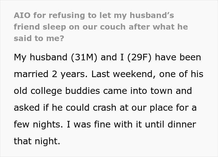 Wife Refuses To Let Husband’s Friend Stay After He Makes Unwelcome Comment About Her Looks