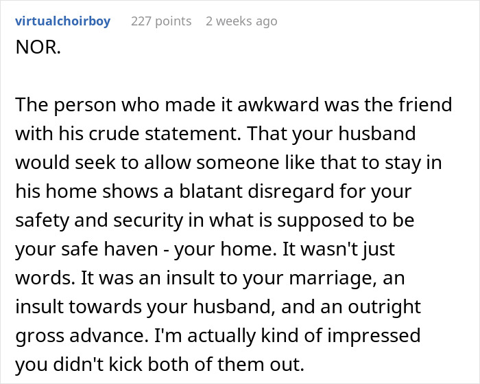 Wife Refuses To Let Husband’s Friend Stay After He Makes Unwelcome Comment About Her Looks