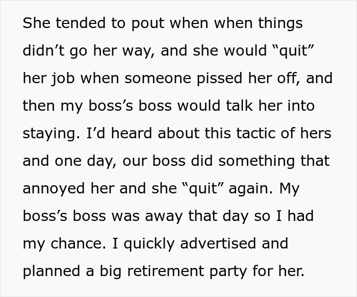 Person Calls Obnoxious Coworker&#8217;s Bluff And Throws Her A Retirement Party, Forcing Her To Quit