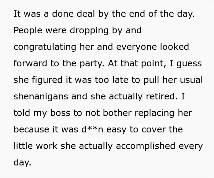 Person Calls Obnoxious Coworker&#8217;s Bluff And Throws Her A Retirement Party, Forcing Her To Quit