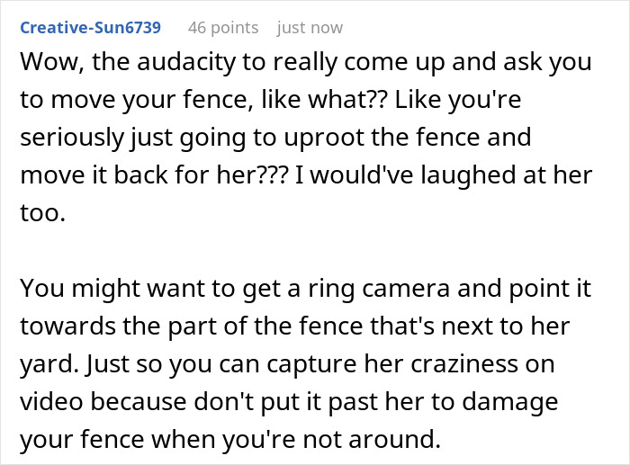 Homeowner Laughs In Entitled Neighbor’s Face After She Asks Them To Move Their Fence For Her View