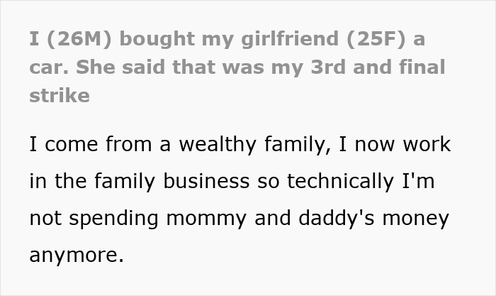 Rich Guy Thinks A Car Is An Appropriate Birthday Gift For GF, Shocked When She Sees It As A Problem