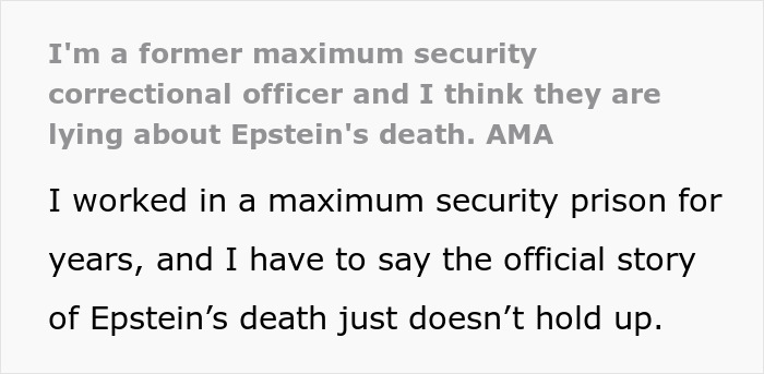 Man Is Convinced They’re Lying About Epstein’s Death Based On His Experience As A Prison Officer