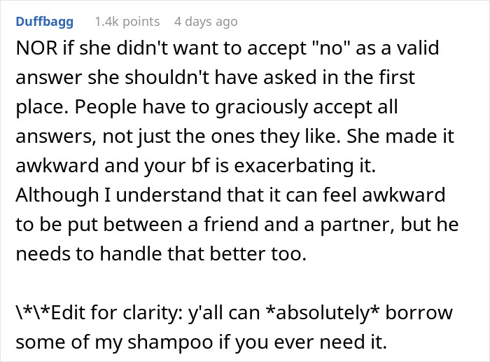 BF Feels Embarrassed And Annoyed After GF Refuses To Let His Female Friend Use Her Expensive Shampoo