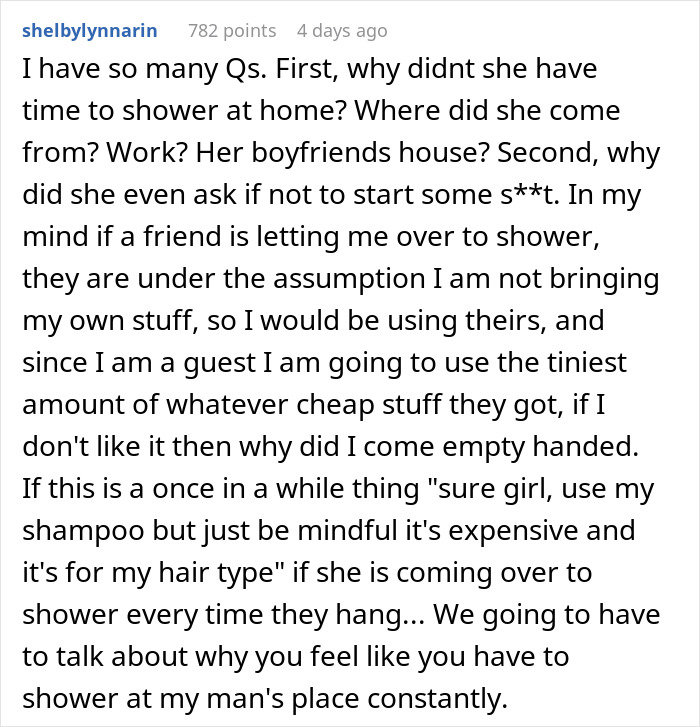 BF Feels Embarrassed And Annoyed After GF Refuses To Let His Female Friend Use Her Expensive Shampoo