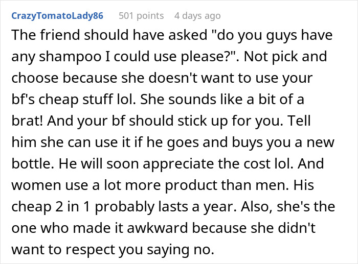 BF Feels Embarrassed And Annoyed After GF Refuses To Let His Female Friend Use Her Expensive Shampoo