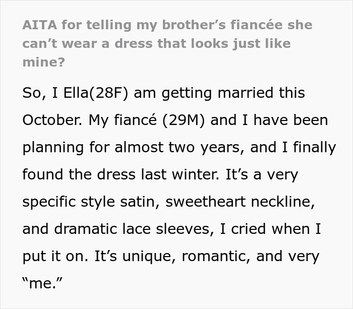 &#8220;AITA For Telling My Brother&#8217;s Fiancée She Can&#8217;t Wear A Dress That Looks Just Like Mine?&#8221;