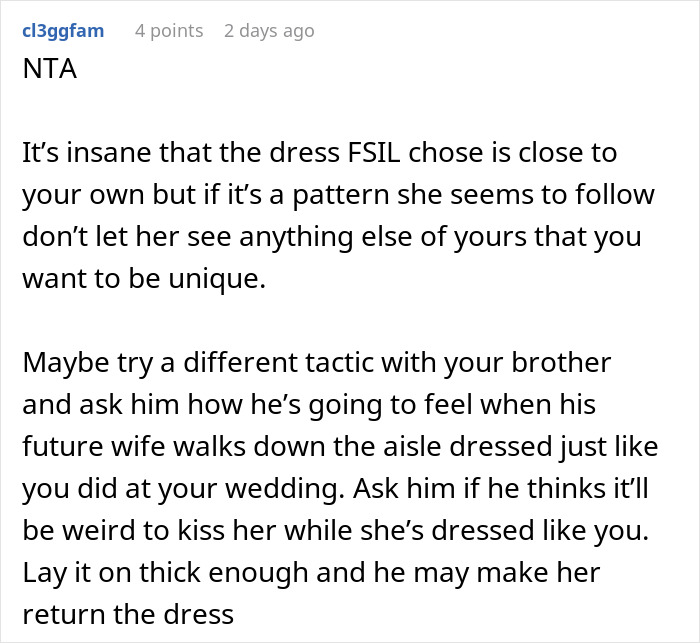 &#8220;AITA For Telling My Brother&#8217;s Fiancée She Can&#8217;t Wear A Dress That Looks Just Like Mine?&#8221;