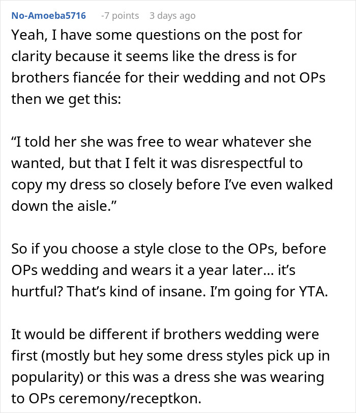 &#8220;AITA For Telling My Brother&#8217;s Fiancée She Can&#8217;t Wear A Dress That Looks Just Like Mine?&#8221;