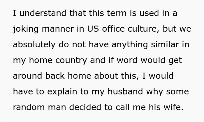 Lady Asks If She Overreacted Due To Cultural Differences By Reporting Guy Who Called Her Work Wife