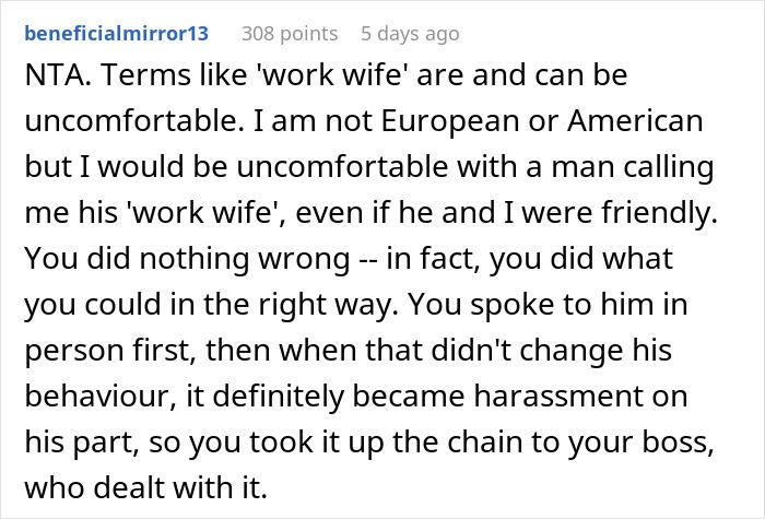 Lady Asks If She Overreacted Due To Cultural Differences By Reporting Guy Who Called Her Work Wife