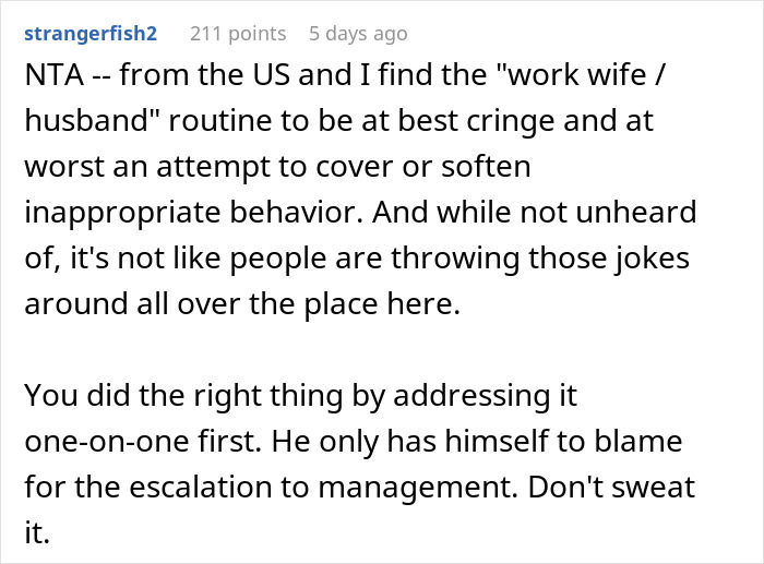 Lady Asks If She Overreacted Due To Cultural Differences By Reporting Guy Who Called Her Work Wife