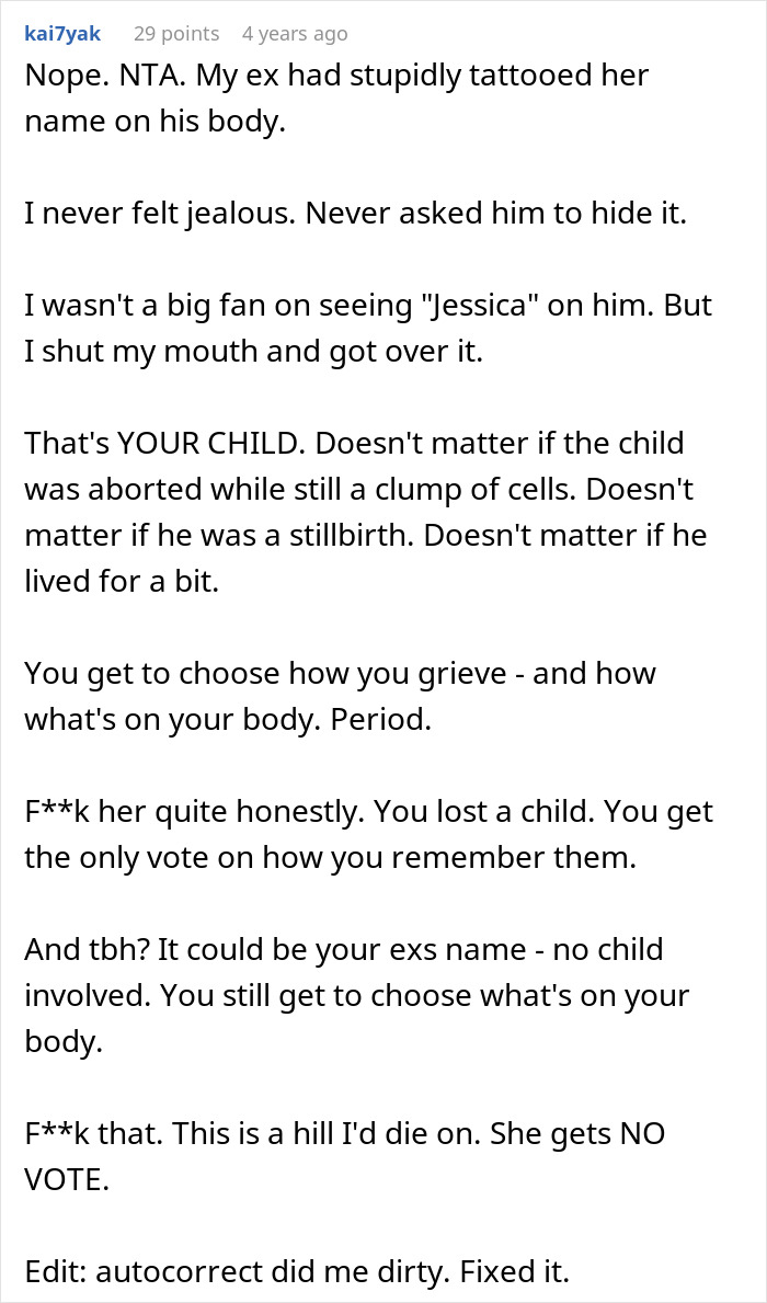Girlfriend Asks Boyfriend To Remove Tattoo Of His Dead Child Because Of The Name