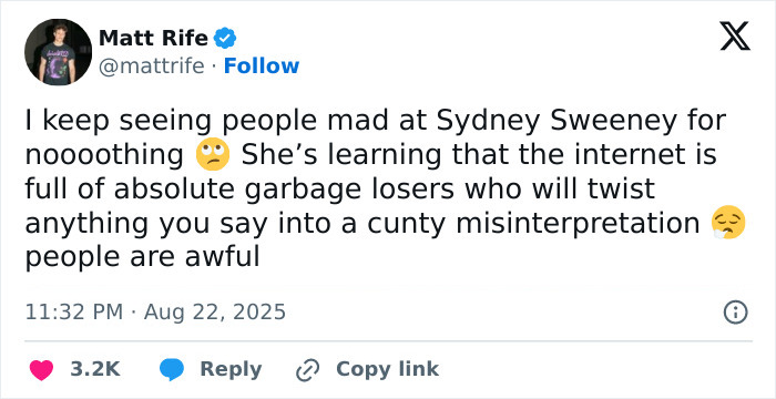 Canceled Comedian Matt Rife Backs Sydney Sweeney Over Controversial Ad Campaign