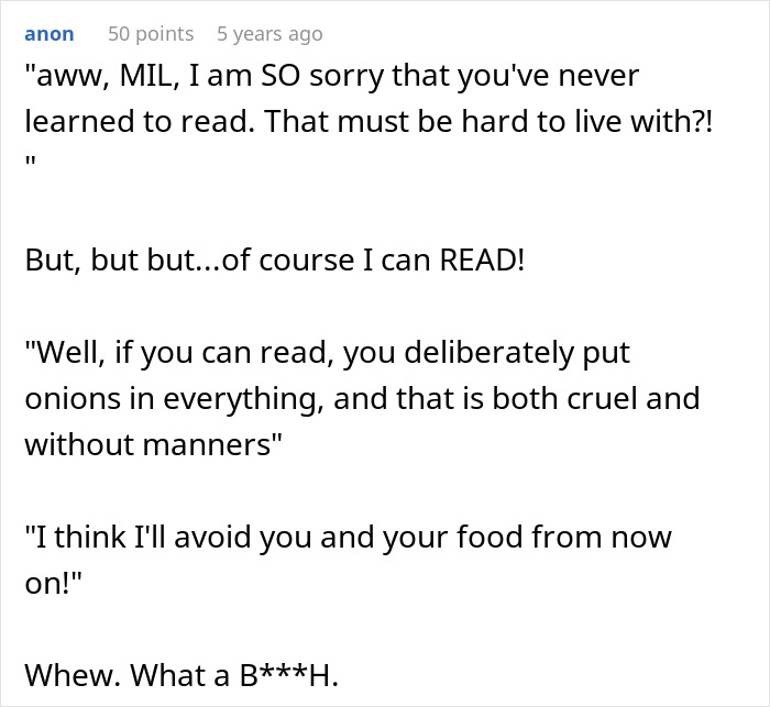 Sly MIL Unnecessarily Adds Onions To Every Dish Despite Son Telling Her Fiancé Has Severe Allergy