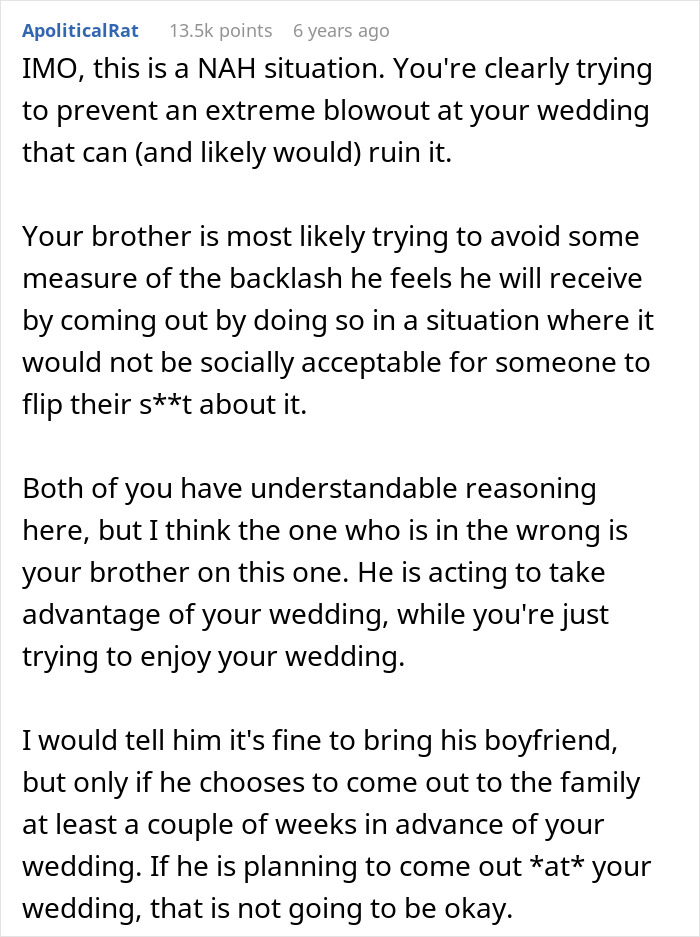 &#8220;[Am I The Jerk] For Asking My Brother Not To Bring His Boyfriend To My Wedding?”