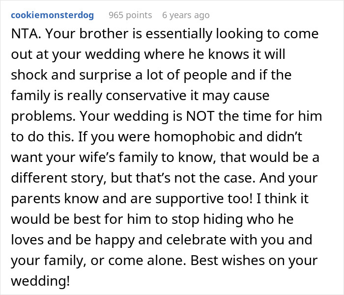 &#8220;[Am I The Jerk] For Asking My Brother Not To Bring His Boyfriend To My Wedding?”