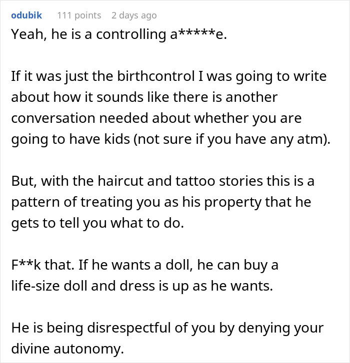 Guy Feels He Can Call The Shots About Wife’s Hair, Tattoos, Even Birth Control – She Has Other Ideas