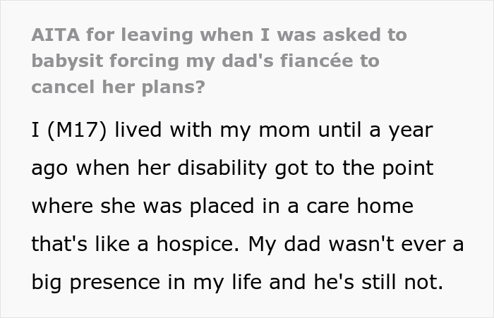 &#8220;AITA For Leaving When I Was Asked To Babysit, Forcing My Dad&#8217;s Fiancée To Cancel Her Plans?&#8221;