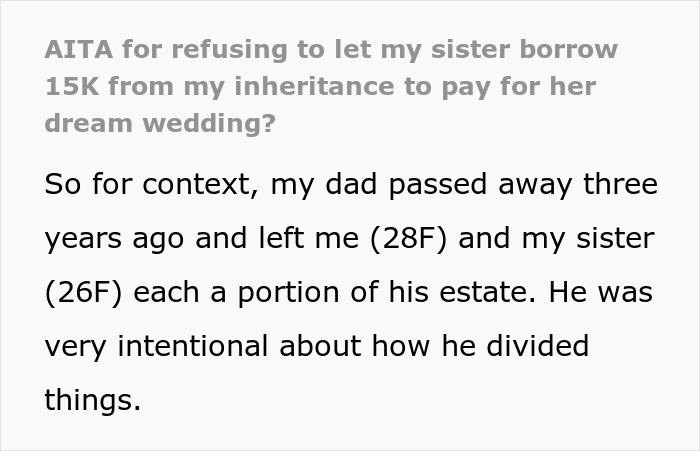 Bride Wants Sister’s Inheritance, Plays The ‘Dad Would Have Wanted’ Card, But Gets A Reality Check