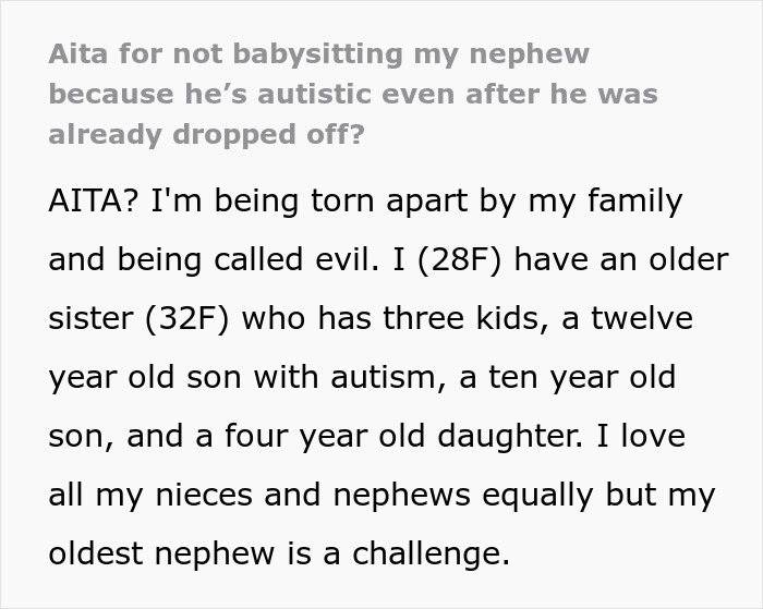 Woman Refuses To Babysit Her Autistic Nephew After He Injures Her Daughter And Spits On Her