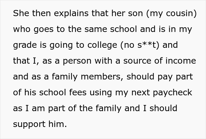 Appalling Aunt Loses It After Nephew Says There’s No Way In Hell He’s Paying Cousin’s College Fees