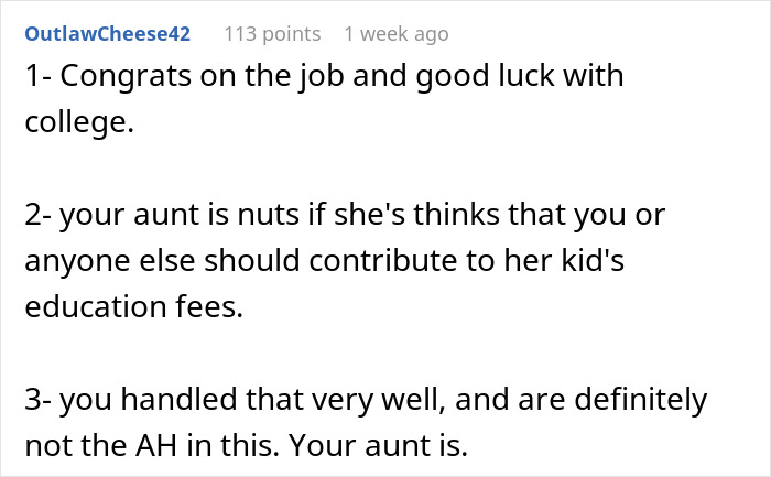 Appalling Aunt Loses It After Nephew Says There’s No Way In Hell He’s Paying Cousin’s College Fees
