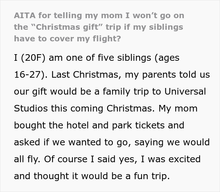 Woman Refuses To Go On Christmas “Gift Trip” If Her Siblings Have To Pay For Her Flight